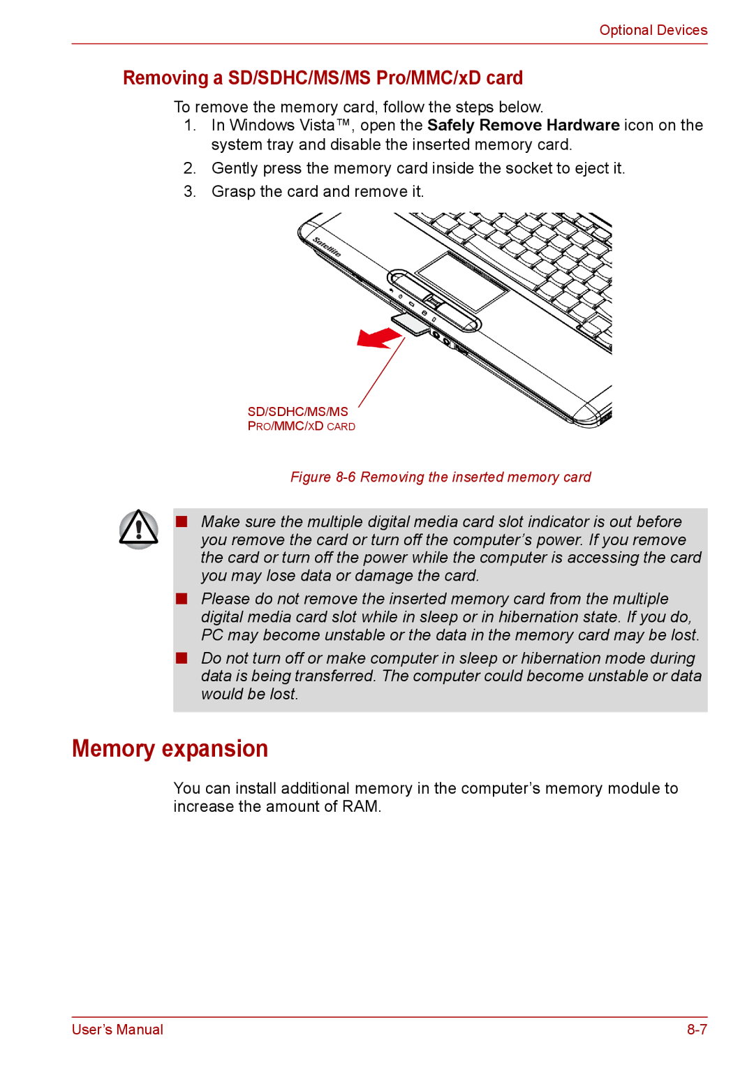 Toshiba PRO A300D user manual Memory expansion, Removing a SD/SDHC/MS/MS Pro/MMC/xD card 