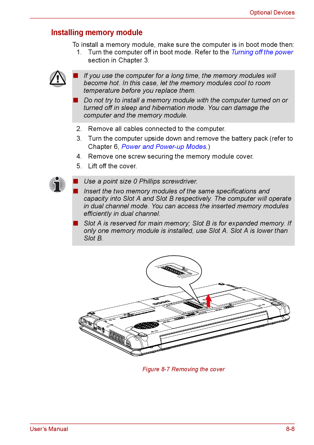 Toshiba PRO A300D user manual Installing memory module, Removing the cover 