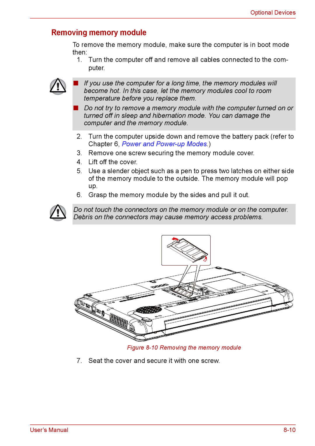 Toshiba PRO A300D user manual Removing memory module, Removing the memory module 