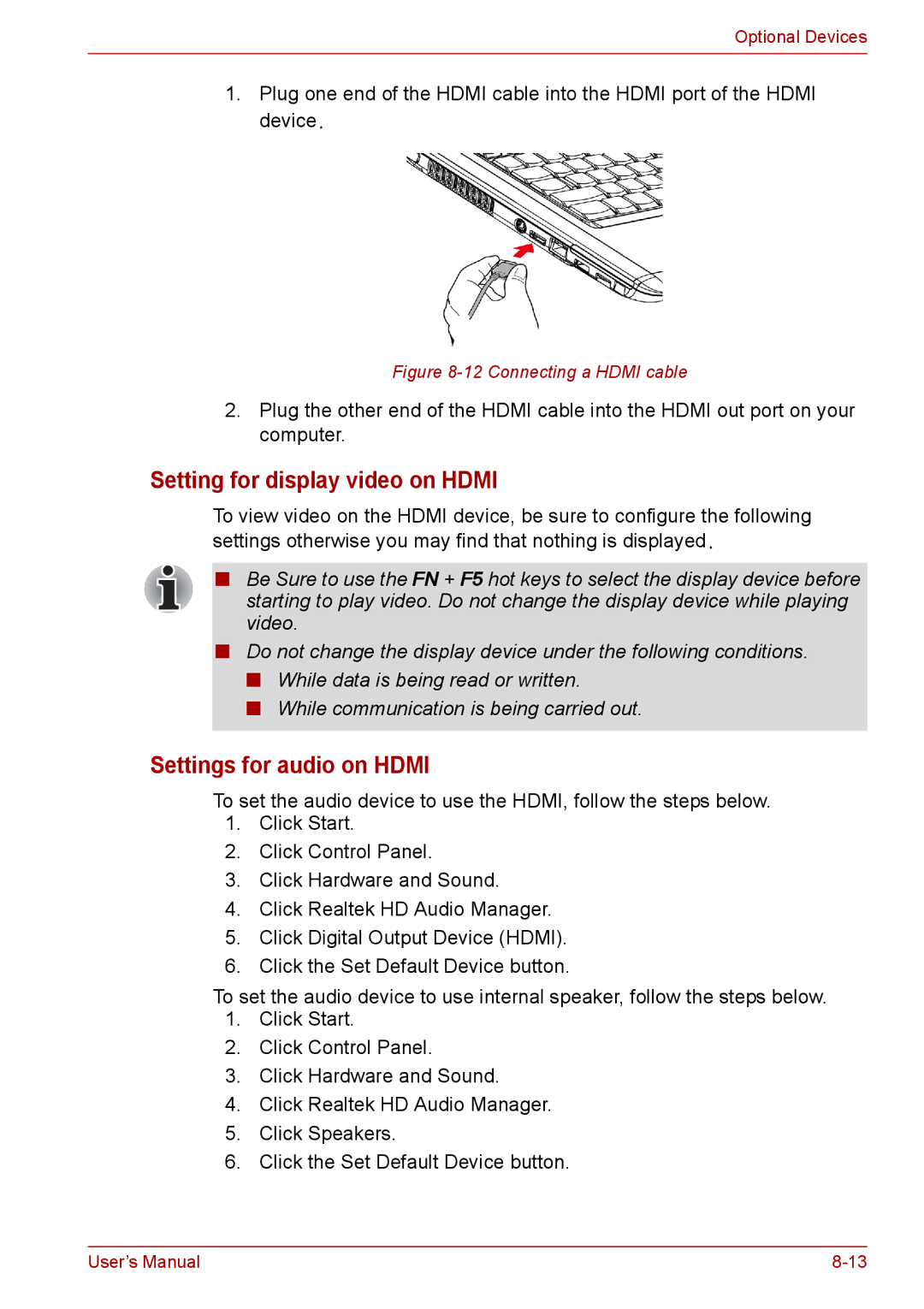 Toshiba PRO A300D user manual Setting for display video on Hdmi, Settings for audio on Hdmi 