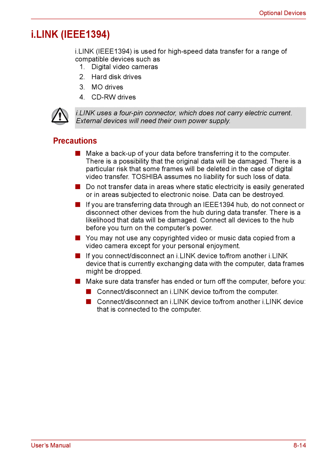 Toshiba PRO A300D user manual Link IEEE1394, Precautions 