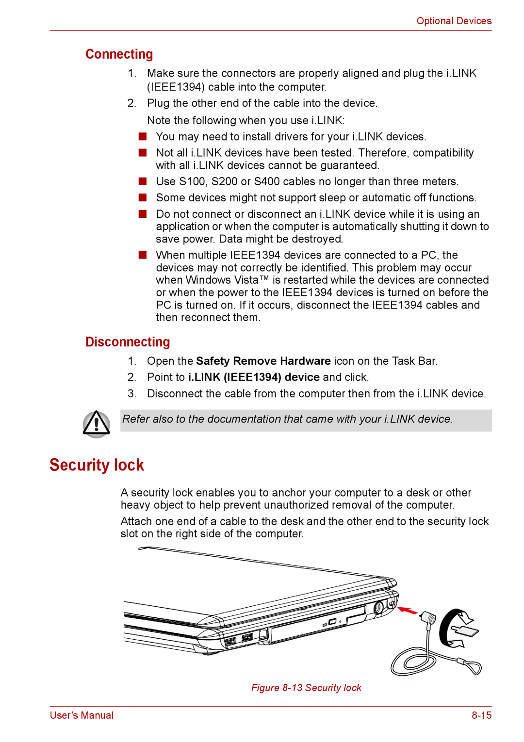 Toshiba PRO A300D user manual Security lock, Point to i.LINK IEEE1394 device and click 