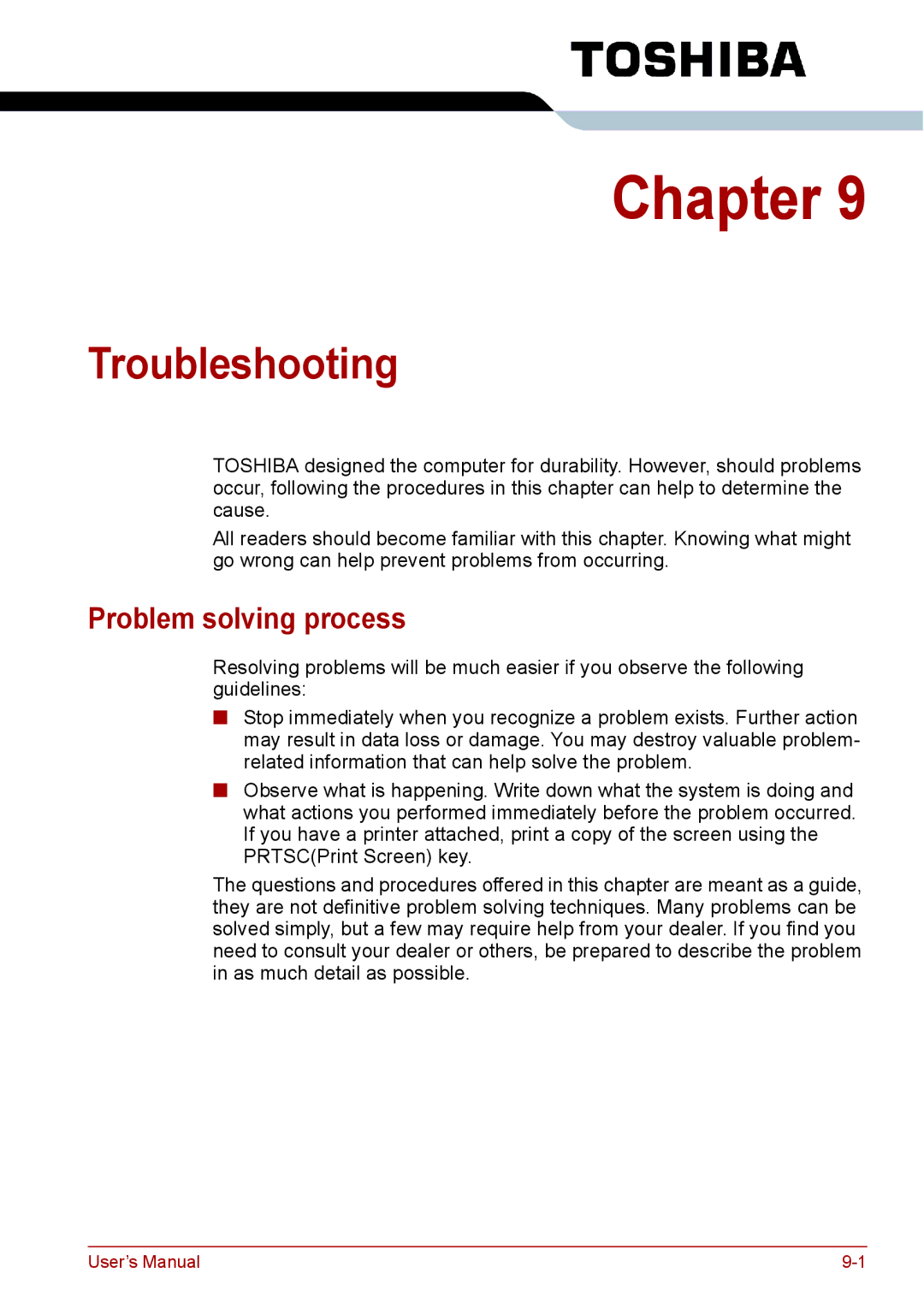 Toshiba PRO A300D user manual Troubleshooting, Problem solving process 