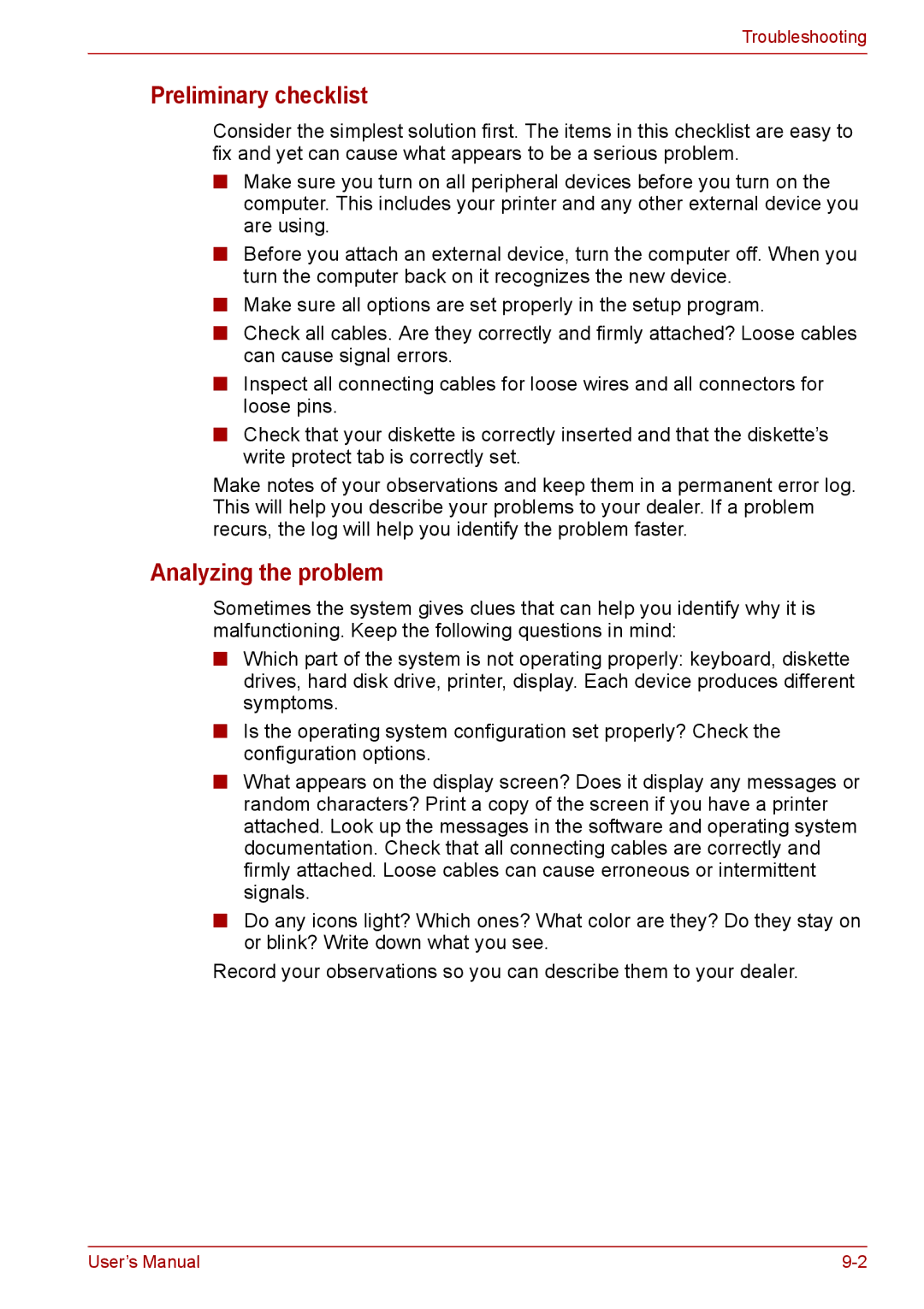 Toshiba PRO A300D user manual Preliminary checklist, Analyzing the problem 