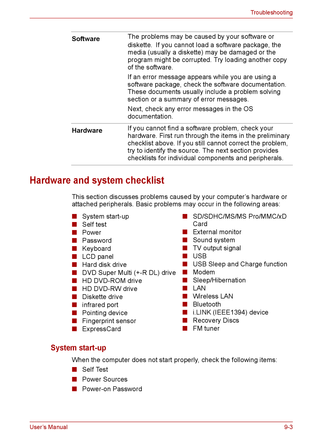 Toshiba PRO A300D user manual Hardware and system checklist, System start-up, Software 