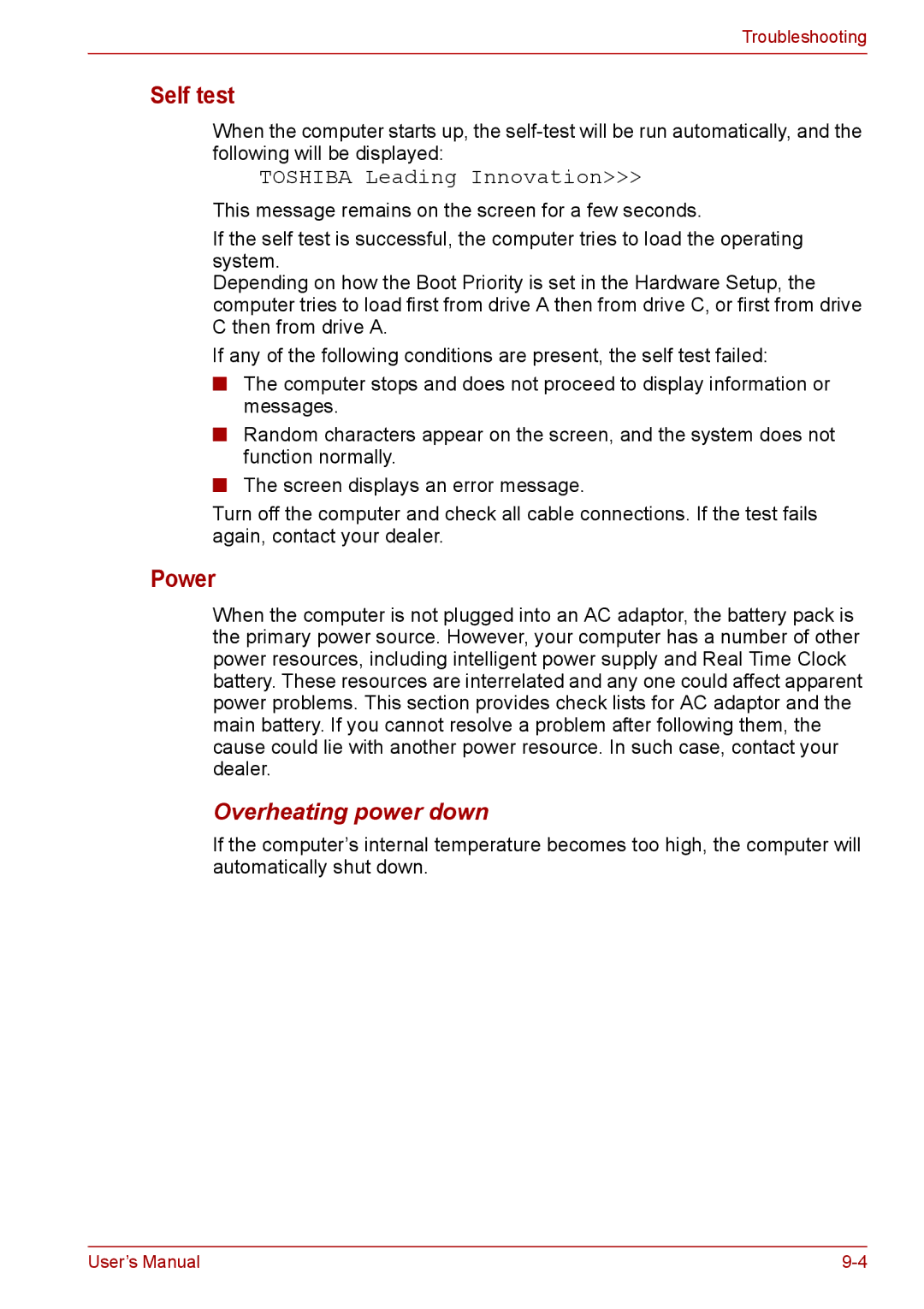 Toshiba PRO A300D user manual Self test, Overheating power down 