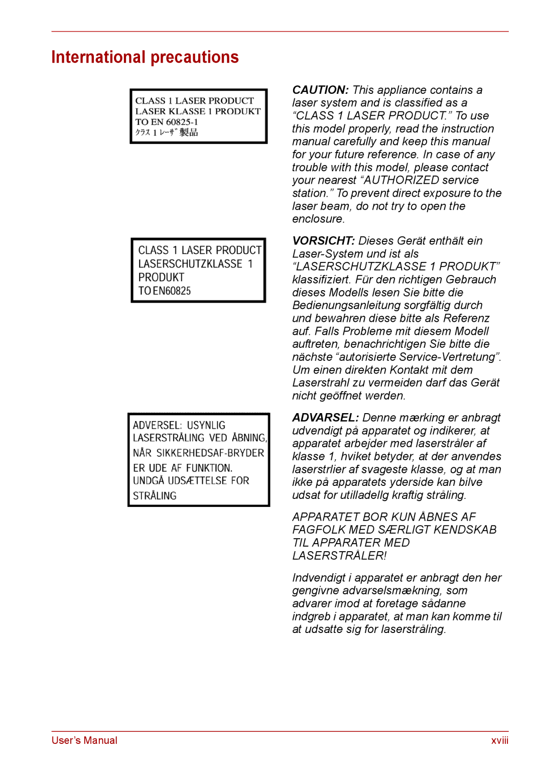 Toshiba PRO A300D user manual International precautions, Vorsicht Dieses Gerät enthält ein Laser-System und ist als 