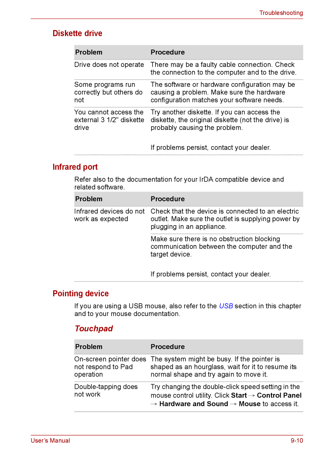Toshiba PRO A300D user manual Diskette drive, Infrared port, Touchpad, → Hardware and Sound → Mouse to access it 