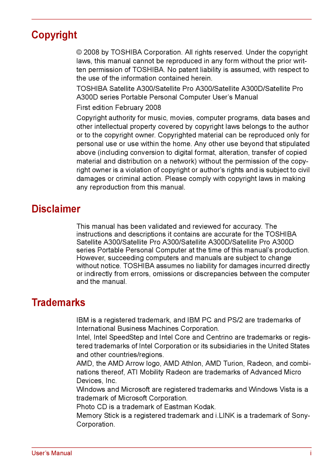 Toshiba PRO A300D user manual Copyright, Disclaimer, Trademarks 