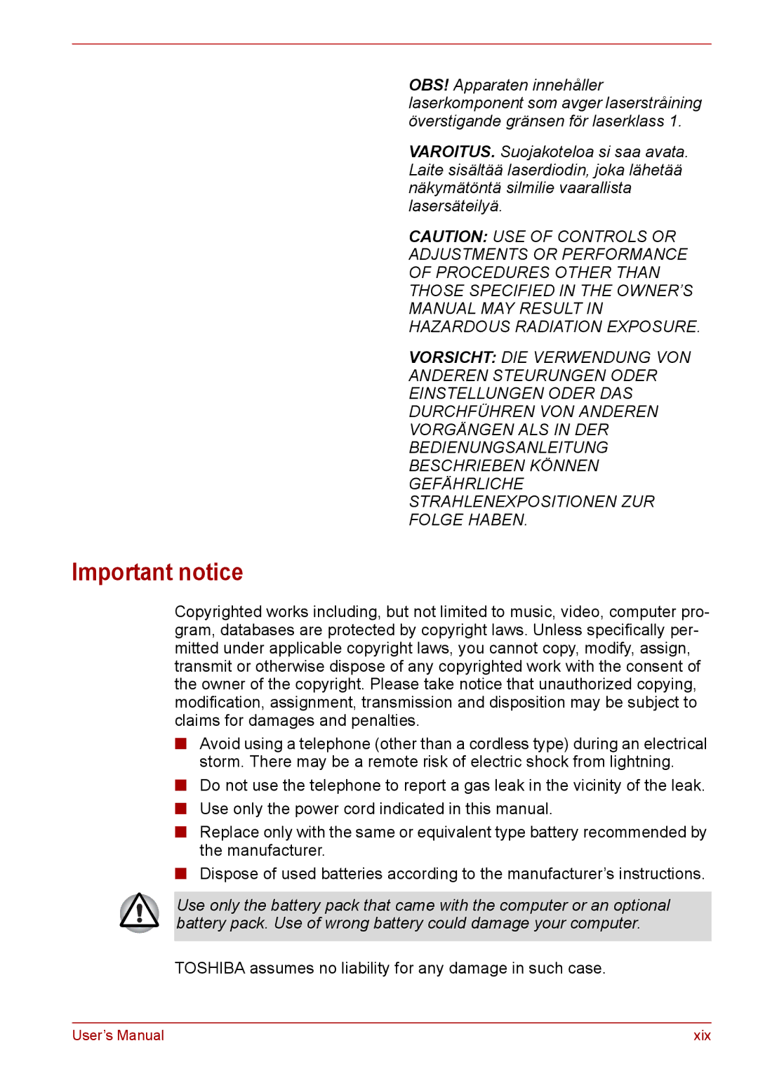 Toshiba PRO A300D user manual Important notice 