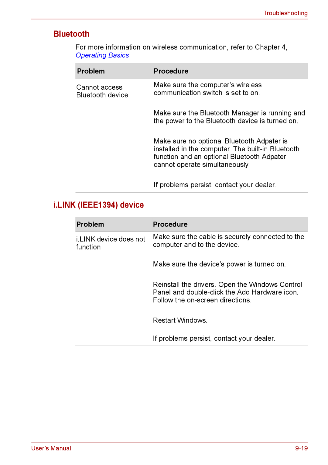 Toshiba PRO A300D user manual Bluetooth, Link IEEE1394 device, Problem 