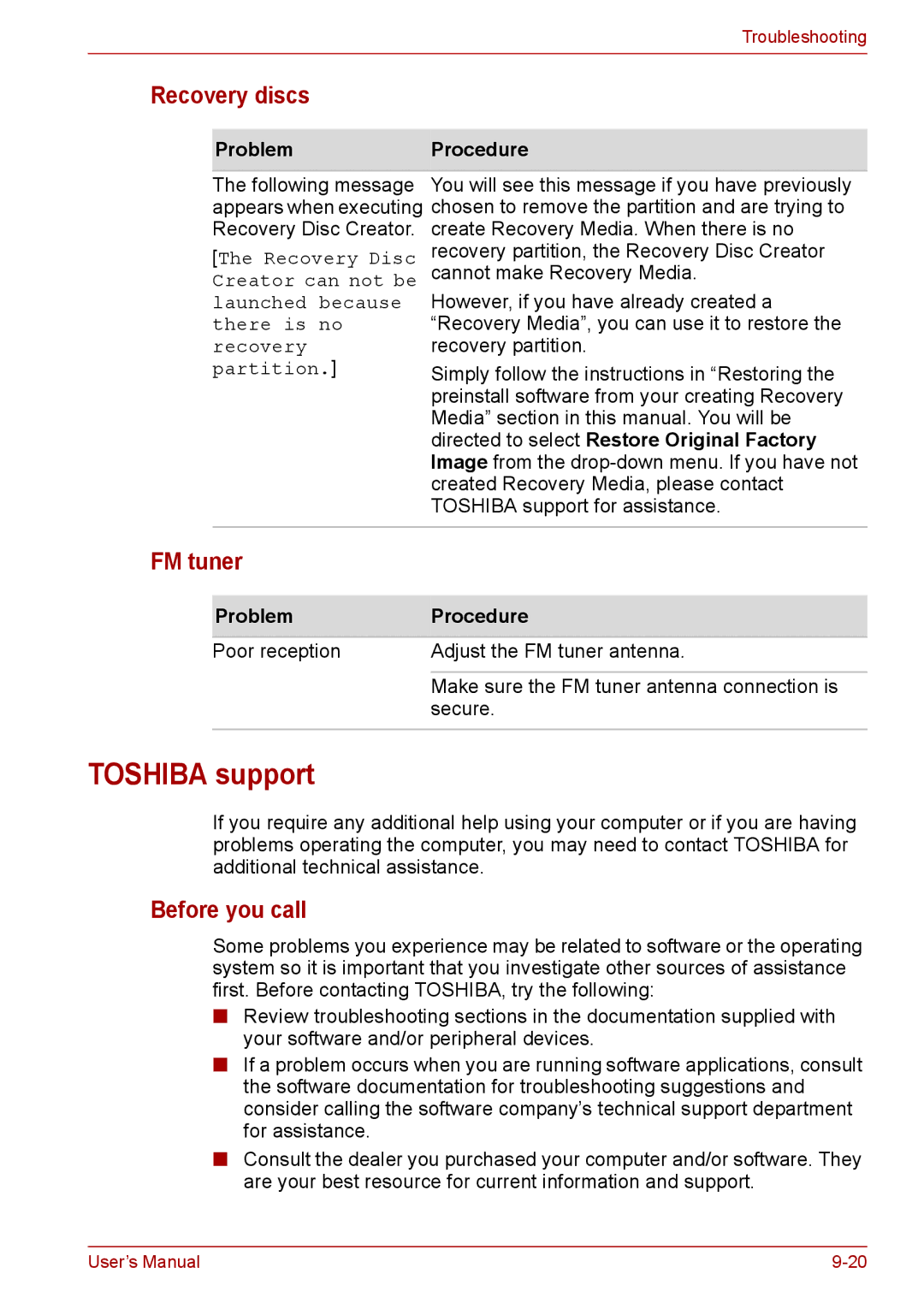 Toshiba PRO A300D user manual Toshiba support, Recovery discs, FM tuner, Before you call 