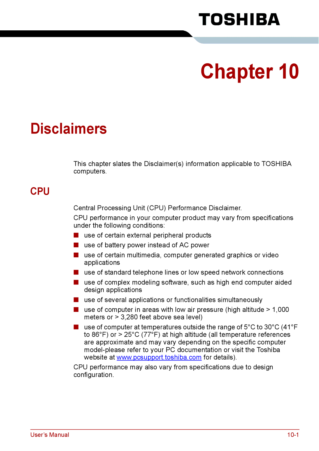 Toshiba PRO A300D user manual Disclaimers, Cpu 