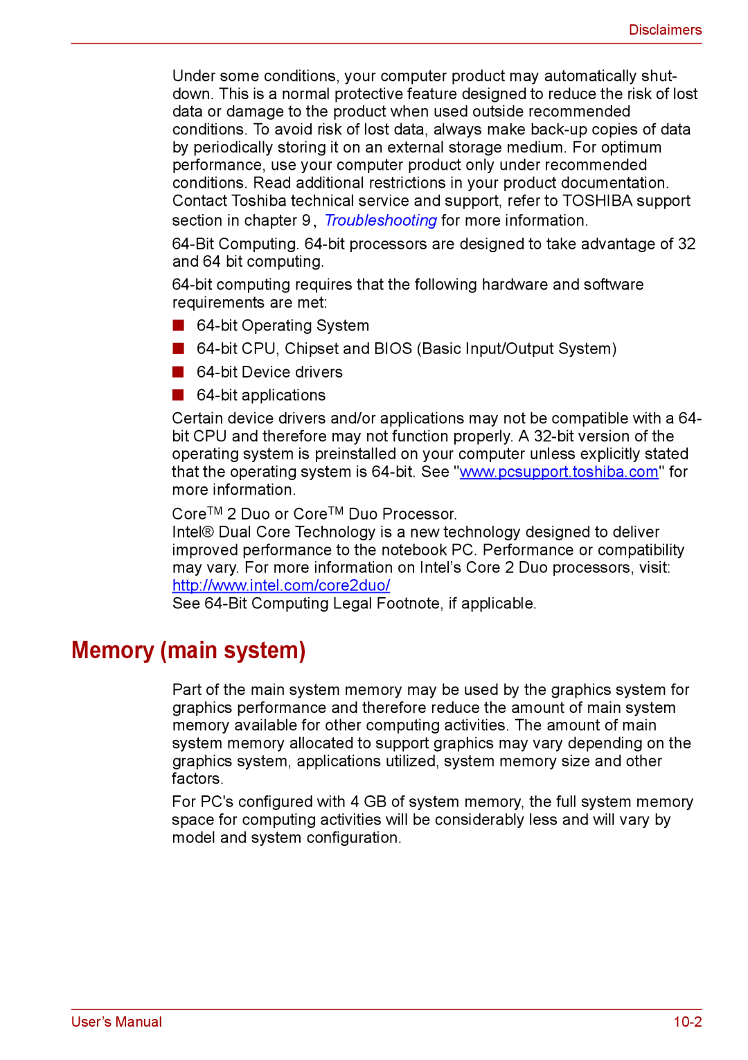 Toshiba PRO A300D user manual Memory main system, Disclaimers 