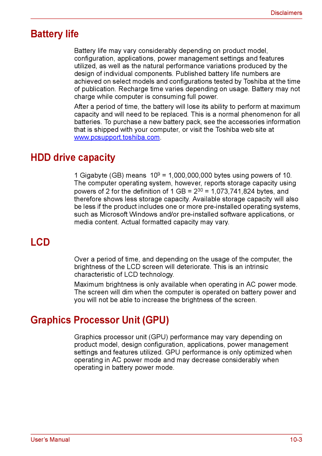 Toshiba PRO A300D user manual Battery life, HDD drive capacity, Graphics Processor Unit GPU 