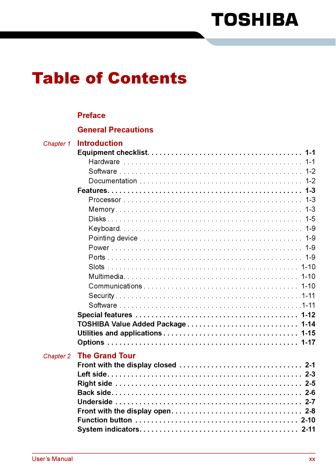 Toshiba PRO A300D user manual Table of Contents 