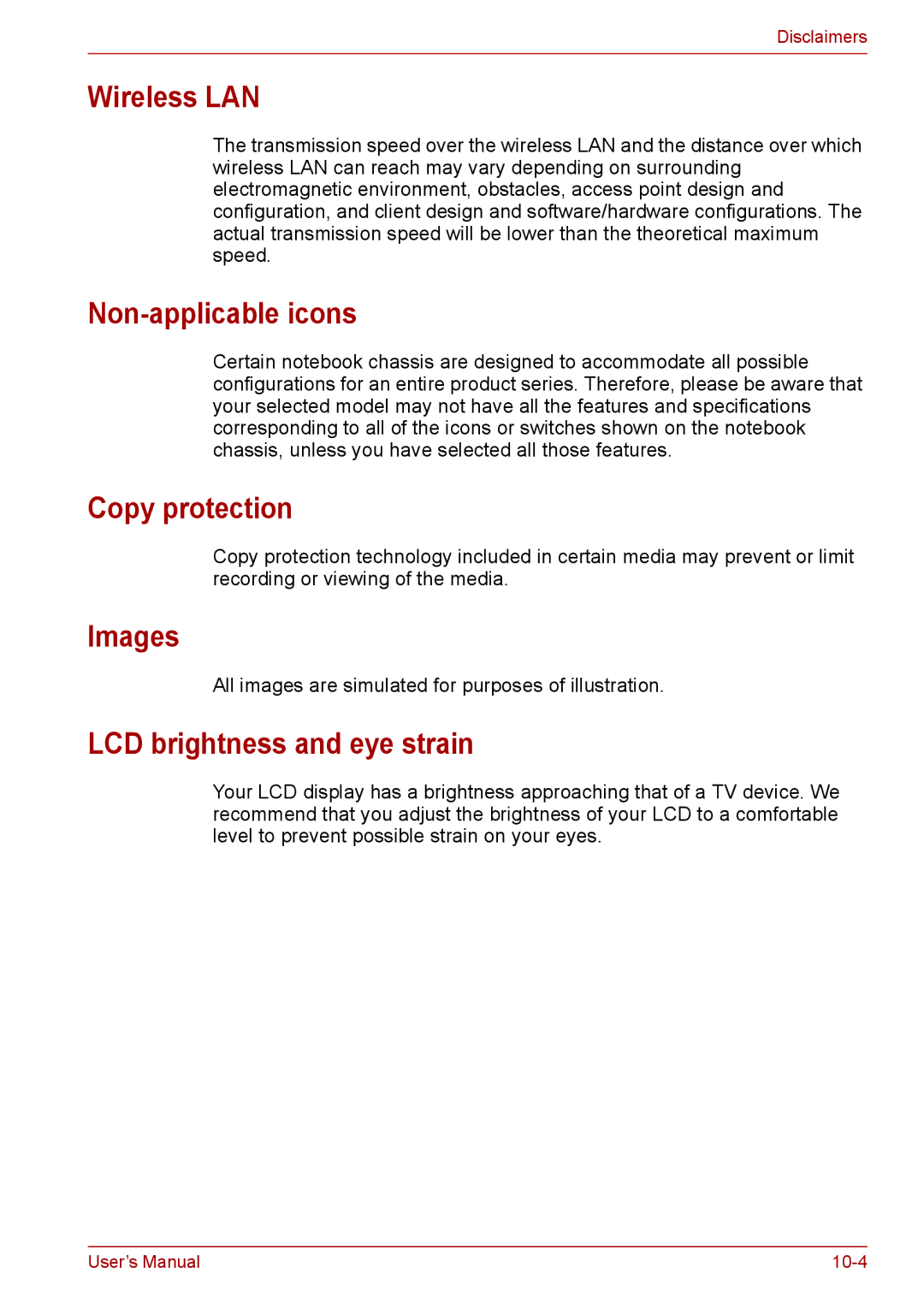 Toshiba PRO A300D user manual Wireless LAN, Non-applicable icons, Copy protection, Images, LCD brightness and eye strain 