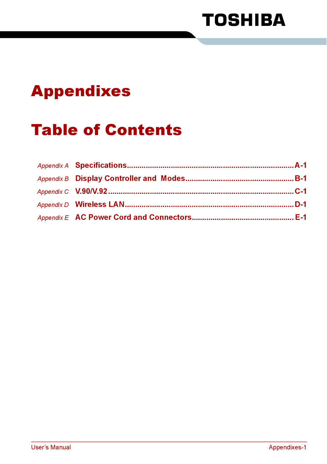 Toshiba PRO A300D user manual Appendixes Table of Contents 