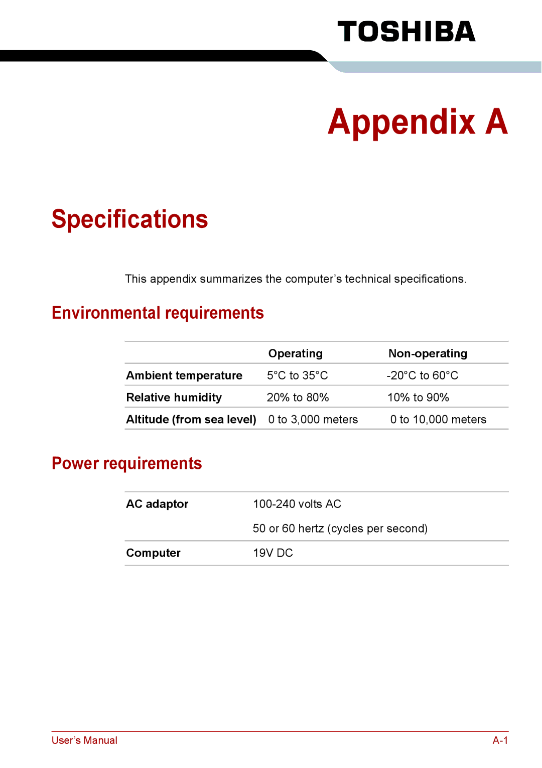 Toshiba PRO A300D user manual Specifications, Environmental requirements, Power requirements 