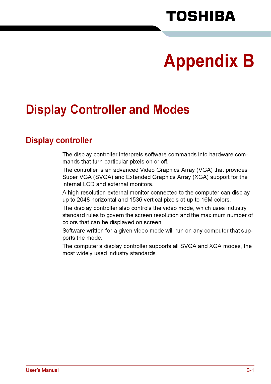 Toshiba PRO A300D user manual Display Controller and Modes, Display controller 