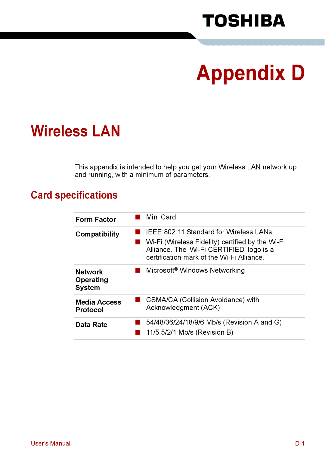 Toshiba PRO A300D user manual Wireless LAN, Card specifications 