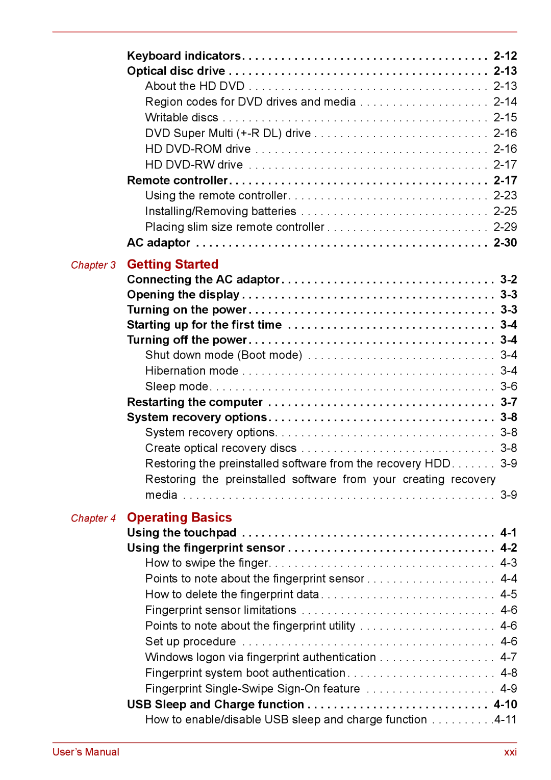 Toshiba PRO A300D Keyboard indicators -12 Optical disc drive, Restarting the computer -7 System recovery options 