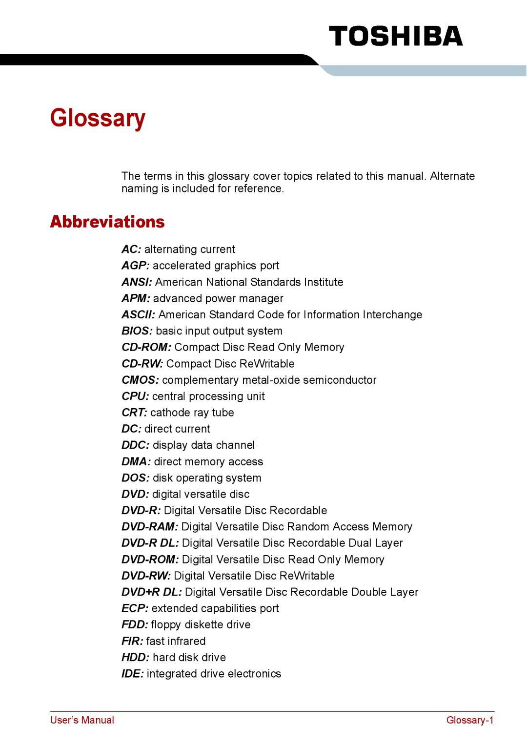 Toshiba PRO A300D user manual Glossary, Abbreviations 