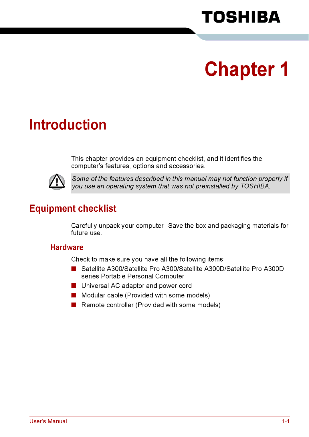 Toshiba PRO A300D user manual Introduction, Equipment checklist, Hardware 