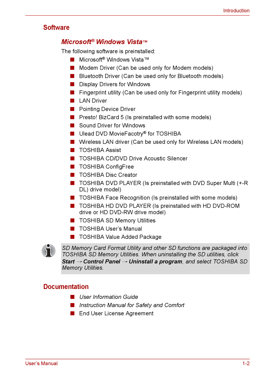 Toshiba PRO A300D user manual Software, Documentation, Microsoft Windows Vista 