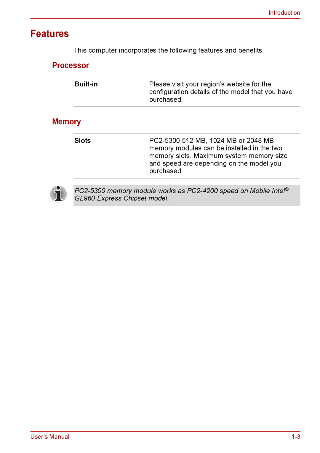 Toshiba PRO A300D user manual Features, Processor, Memory, Built-in, Slots 