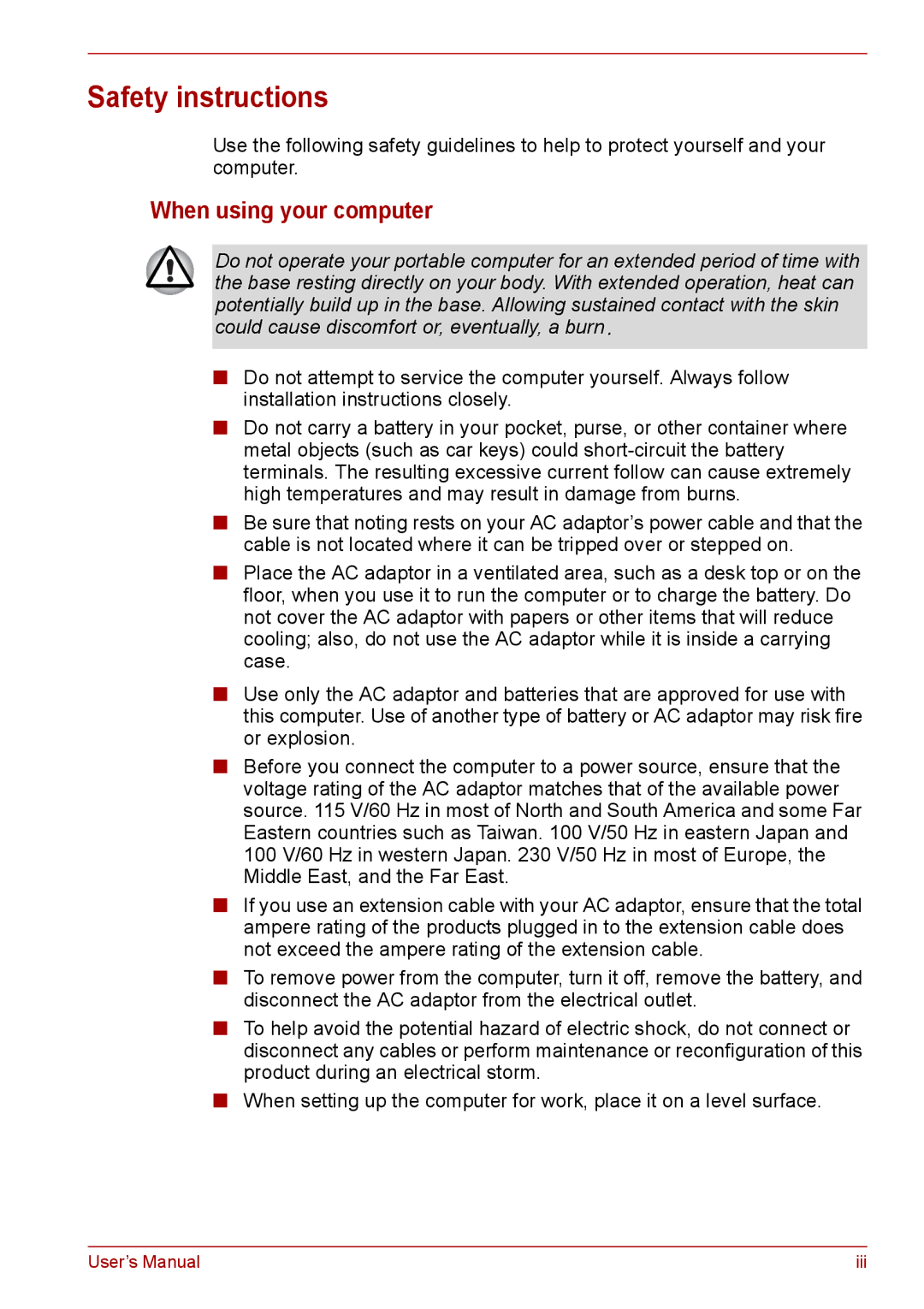 Toshiba PRO A300D user manual Safety instructions, When using your computer 