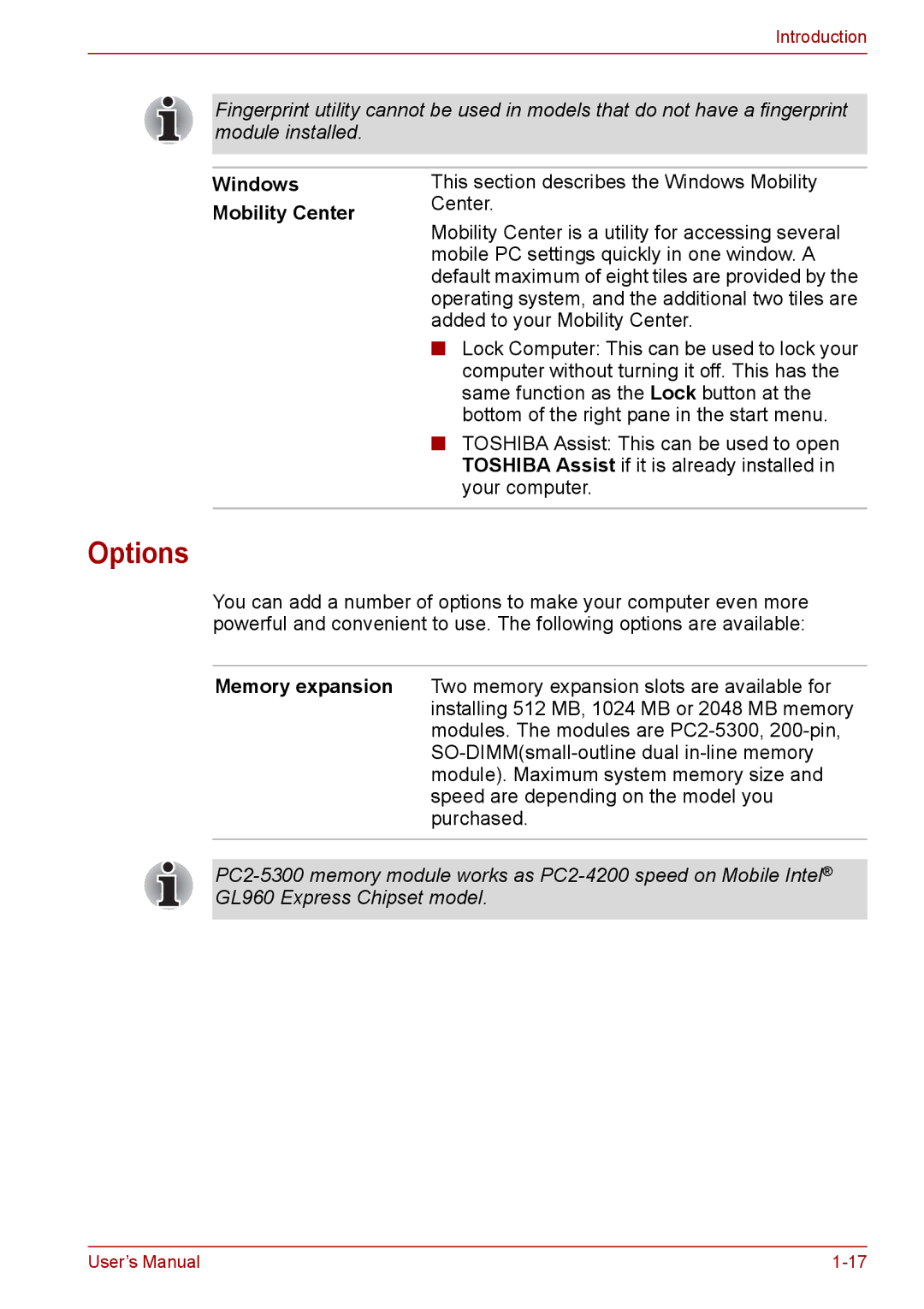 Toshiba PRO A300D user manual Options, Windows Mobility Center 