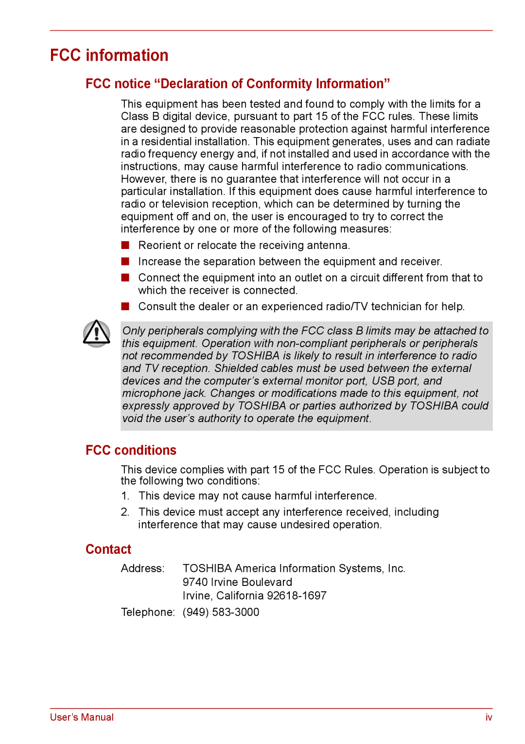 Toshiba PRO A300D user manual FCC information, FCC notice Declaration of Conformity Information, FCC conditions, Contact 