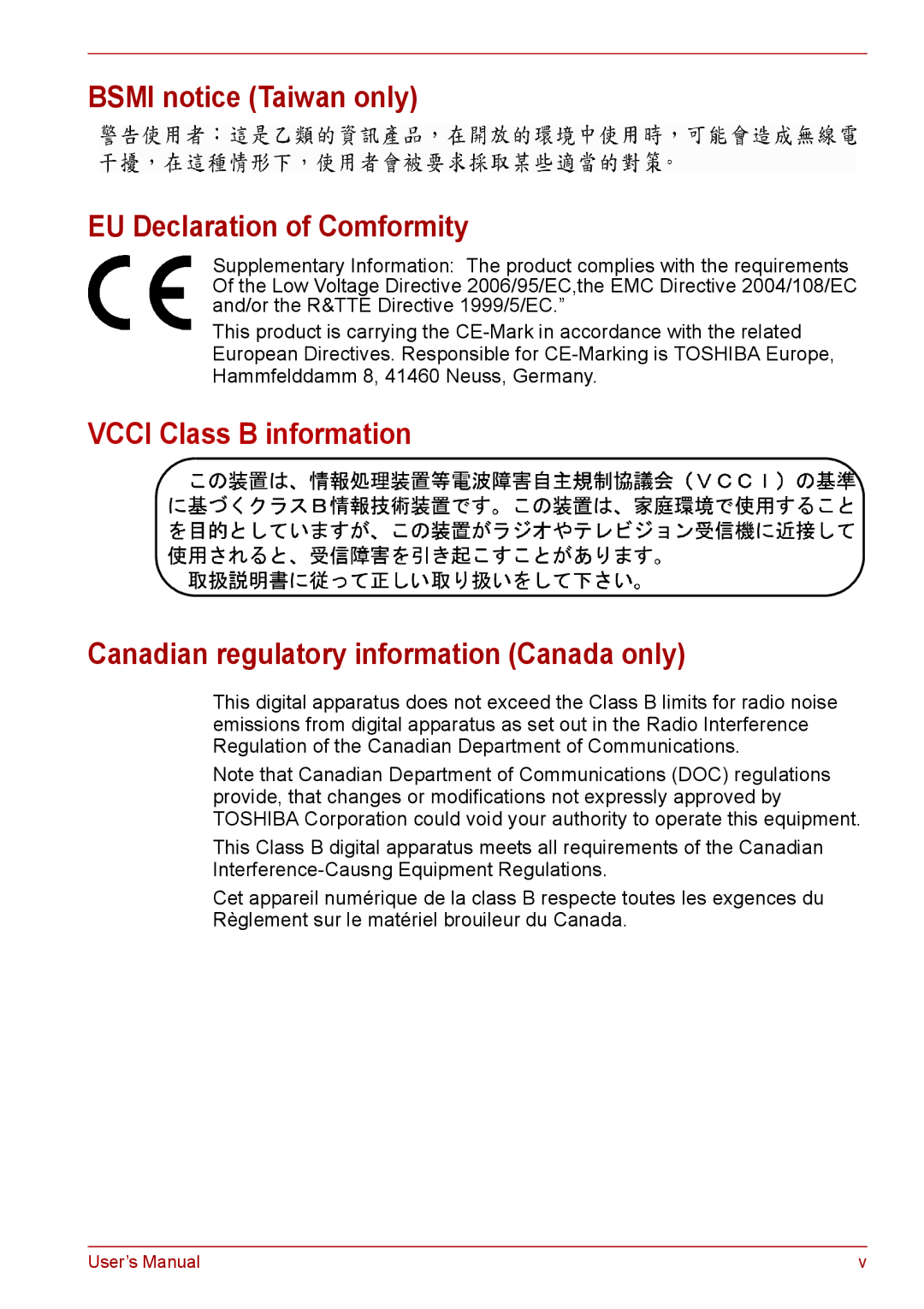 Toshiba PRO A300D Bsmi notice Taiwan only EU Declaration of Comformity, Canadian regulatory information Canada only 