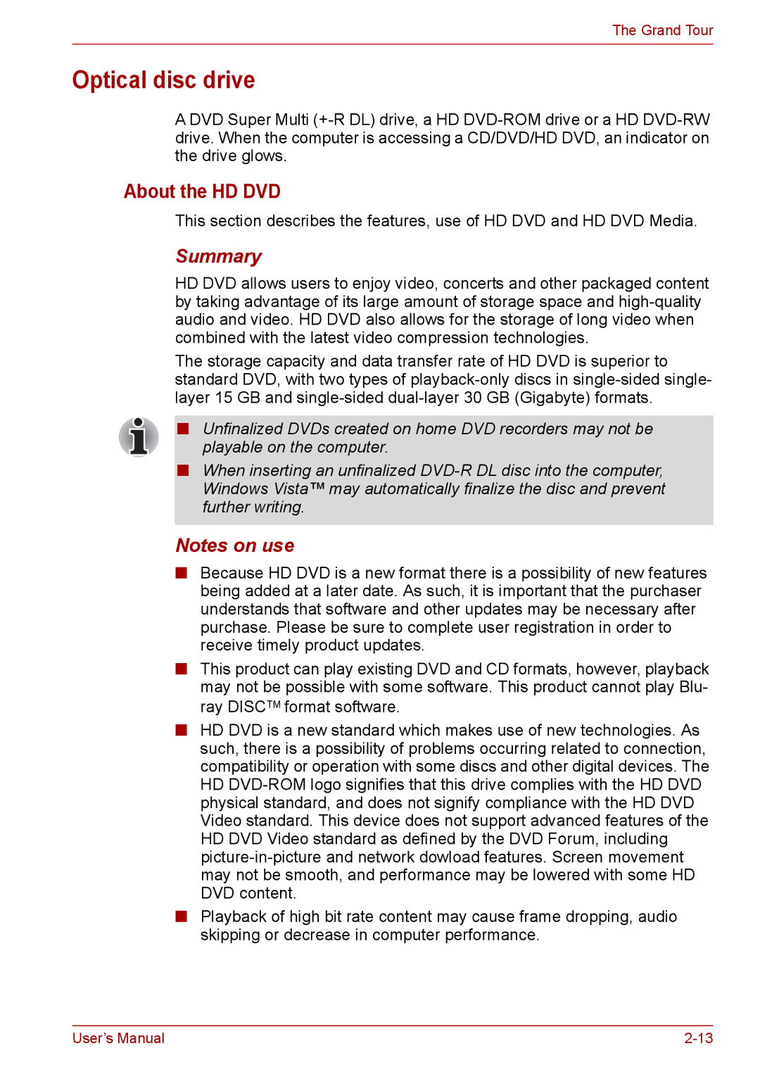 Toshiba PRO A300D user manual Optical disc drive, About the HD DVD, Summary 