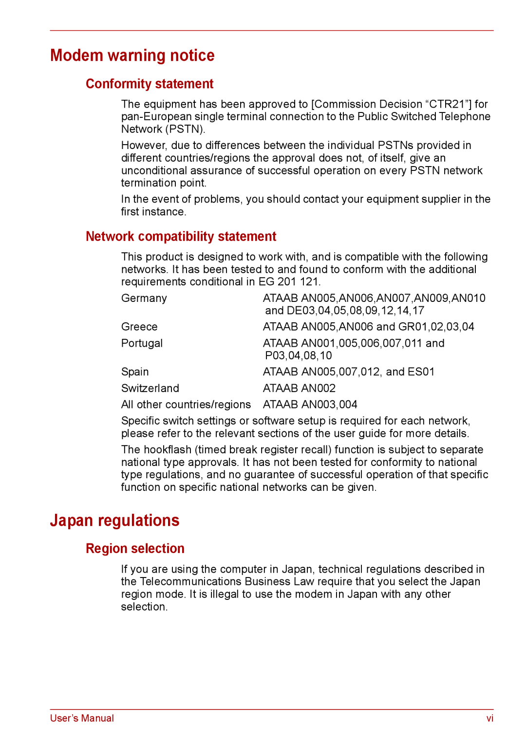 Toshiba A300D, PRO A300 Modem warning notice, Japan regulations, Conformity statement, Network compatibility statement 