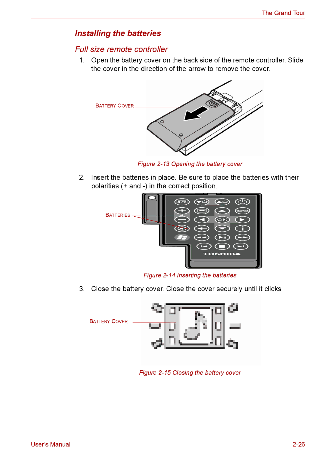 Toshiba PRO A300D user manual Installing the batteries, Full size remote controller 