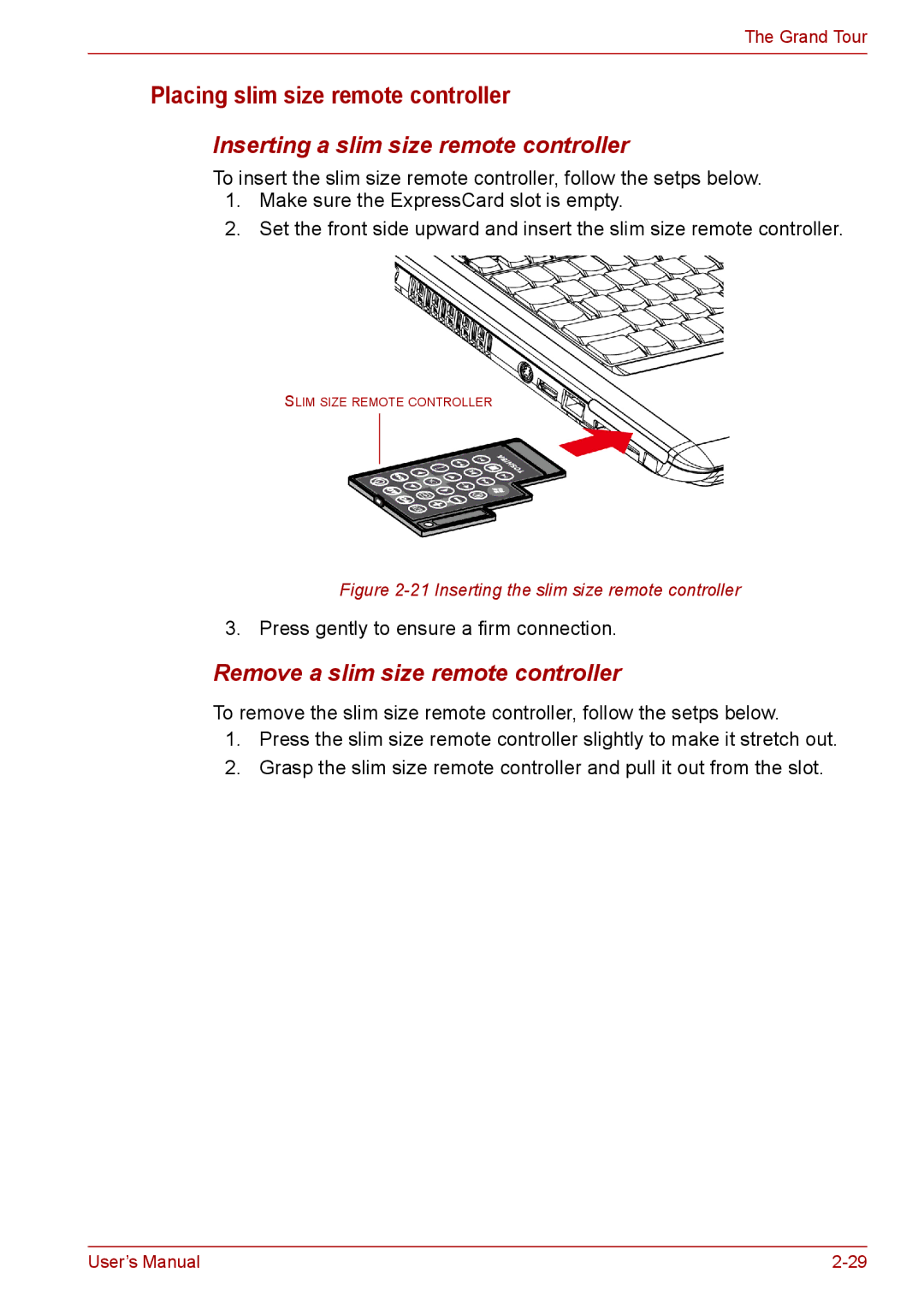 Toshiba PRO A300D user manual Placing slim size remote controller, Inserting a slim size remote controller 