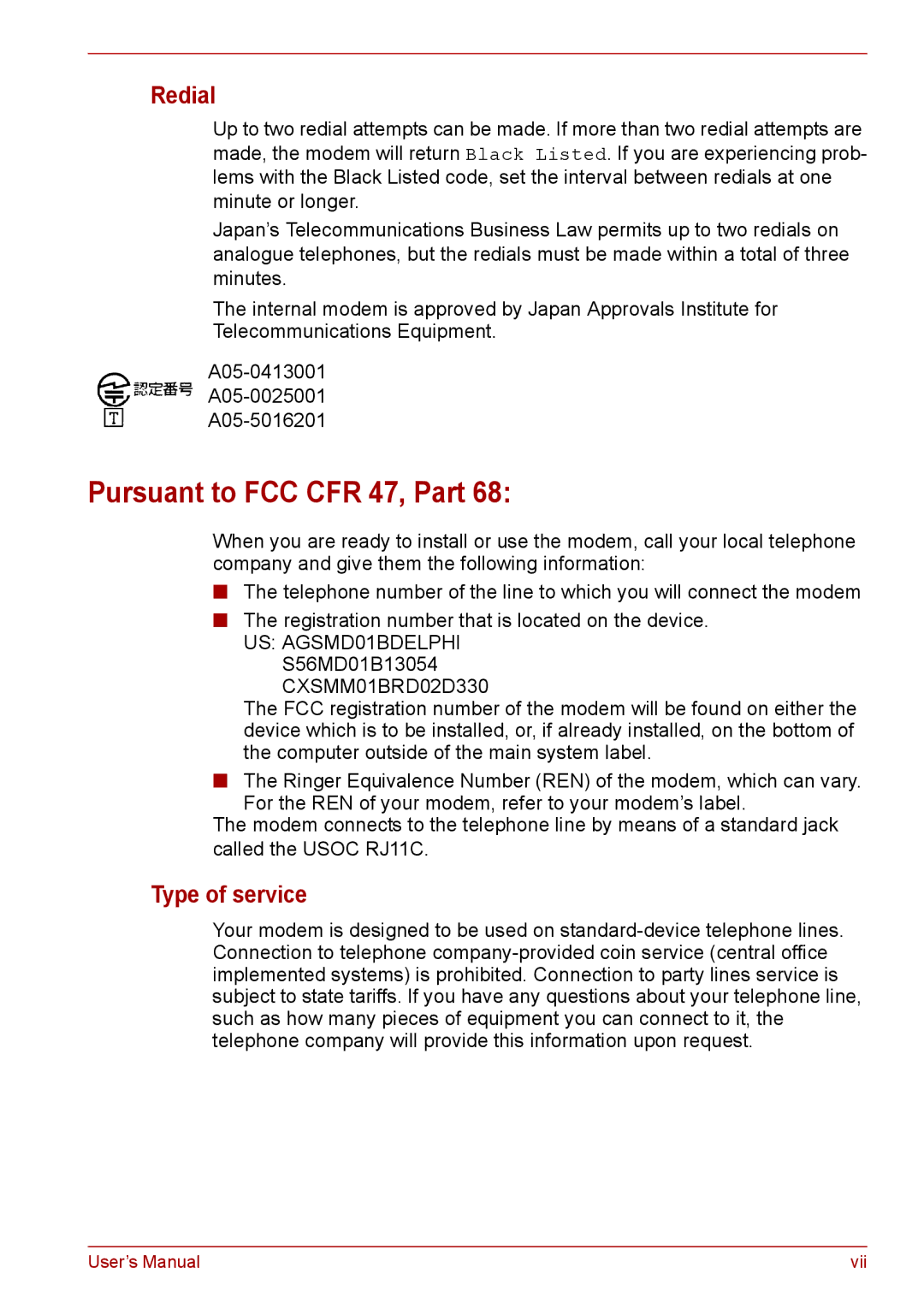 Toshiba PRO A300D user manual Pursuant to FCC CFR 47, Part, Redial, Type of service 