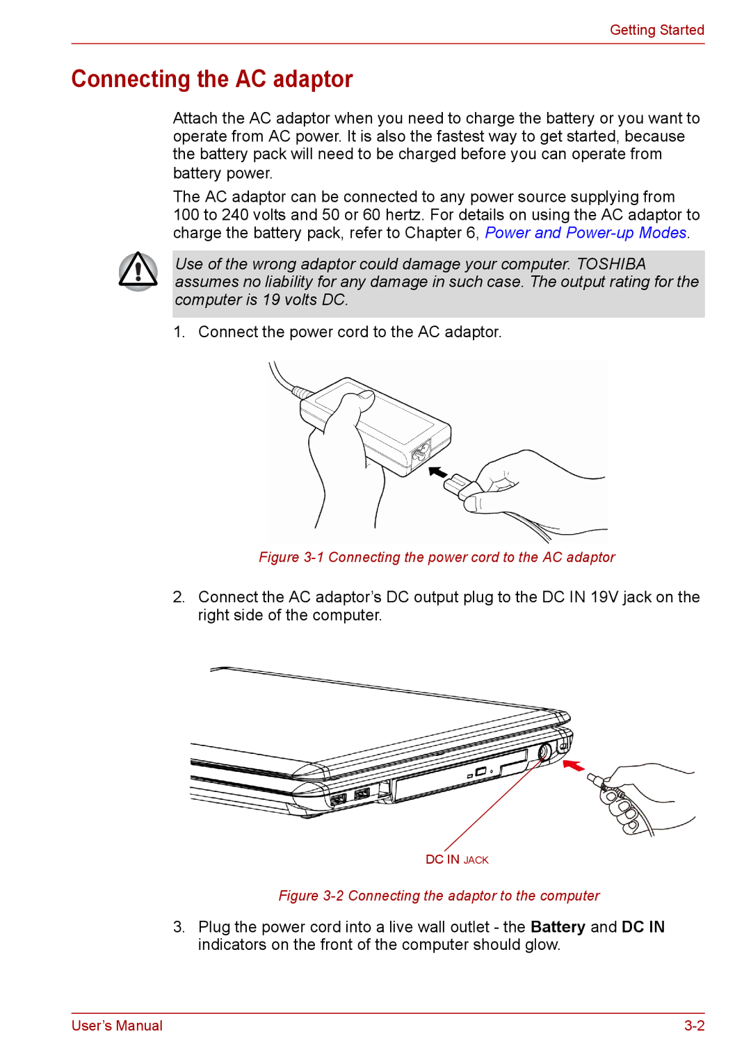 Toshiba PRO A300D user manual Connecting the AC adaptor, Connecting the power cord to the AC adaptor 