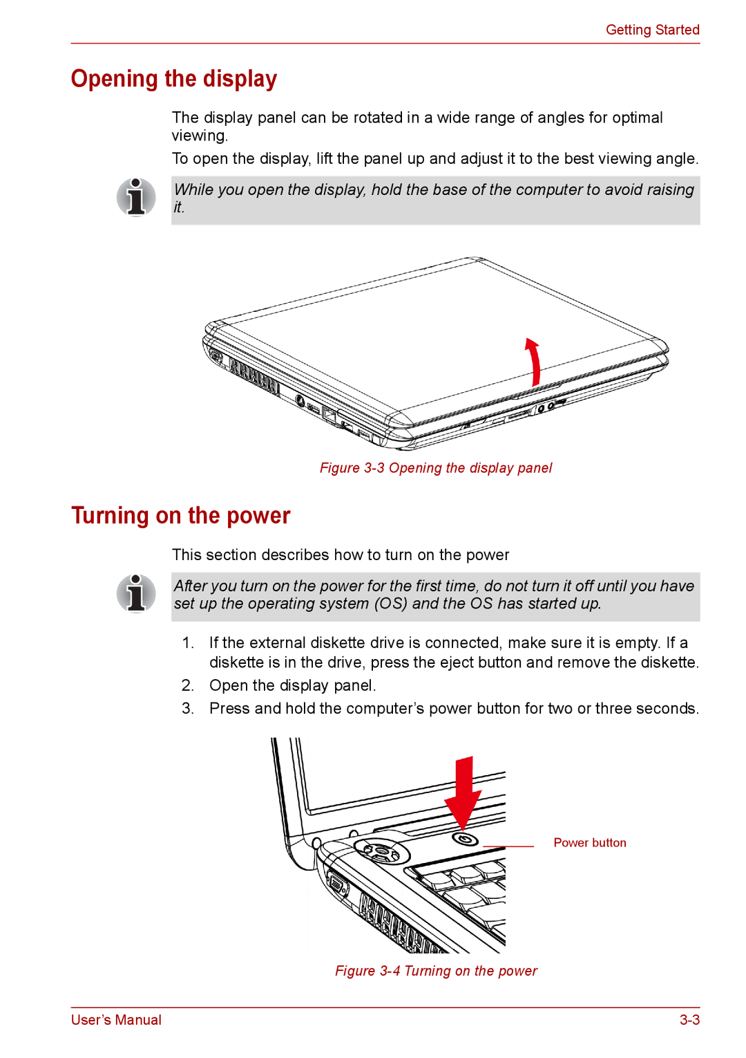 Toshiba PRO A300D user manual Opening the display, Turning on the power 