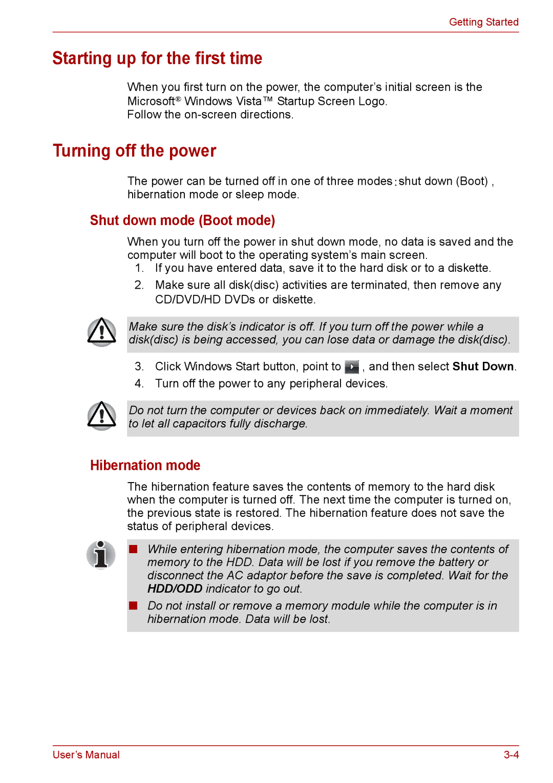 Toshiba PRO A300 Starting up for the first time, Turning off the power, Shut down mode Boot mode, Hibernation mode 