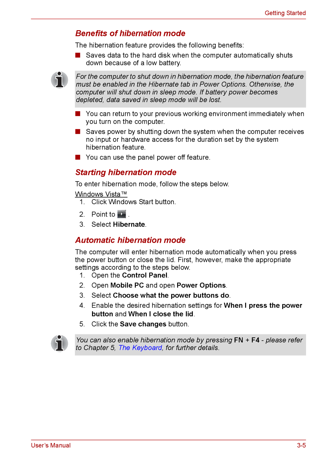 Toshiba PRO A300 Benefits of hibernation mode, Starting hibernation mode, Automatic hibernation mode, Select Hibernate 