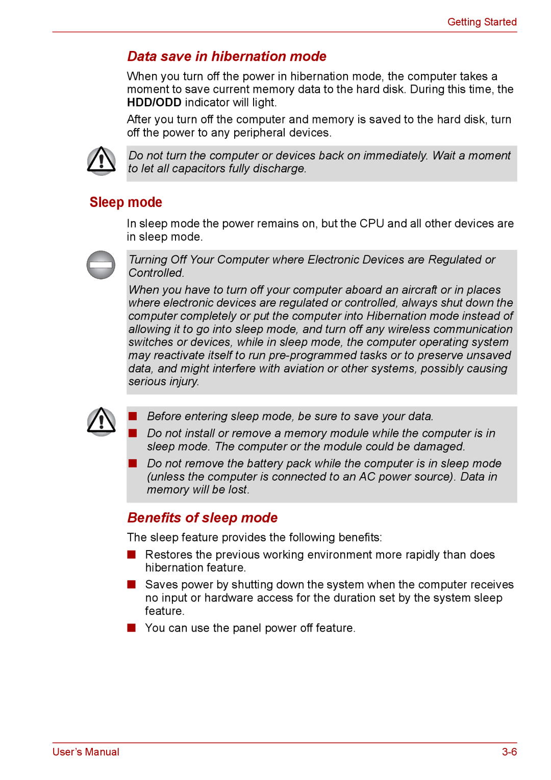 Toshiba PRO A300D user manual Sleep mode, Data save in hibernation mode, Benefits of sleep mode 