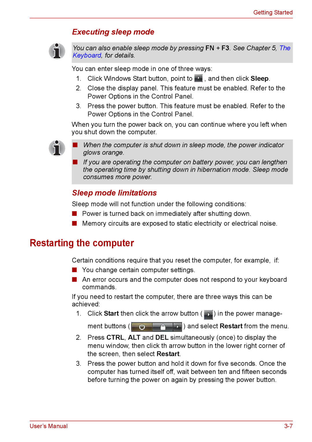 Toshiba PRO A300D user manual Restarting the computer, Executing sleep mode, Sleep mode limitations 