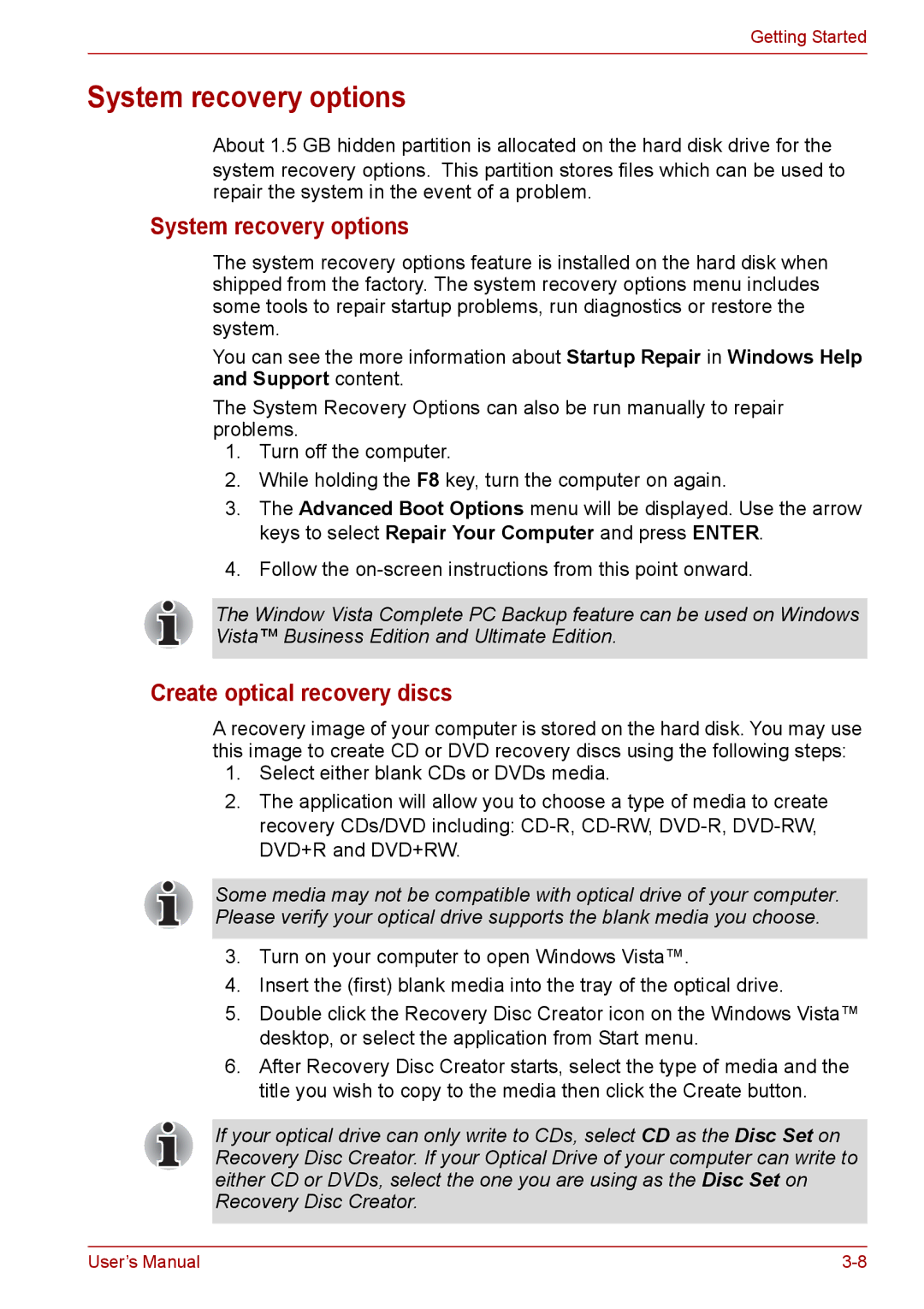 Toshiba PRO A300D user manual System recovery options, Create optical recovery discs 