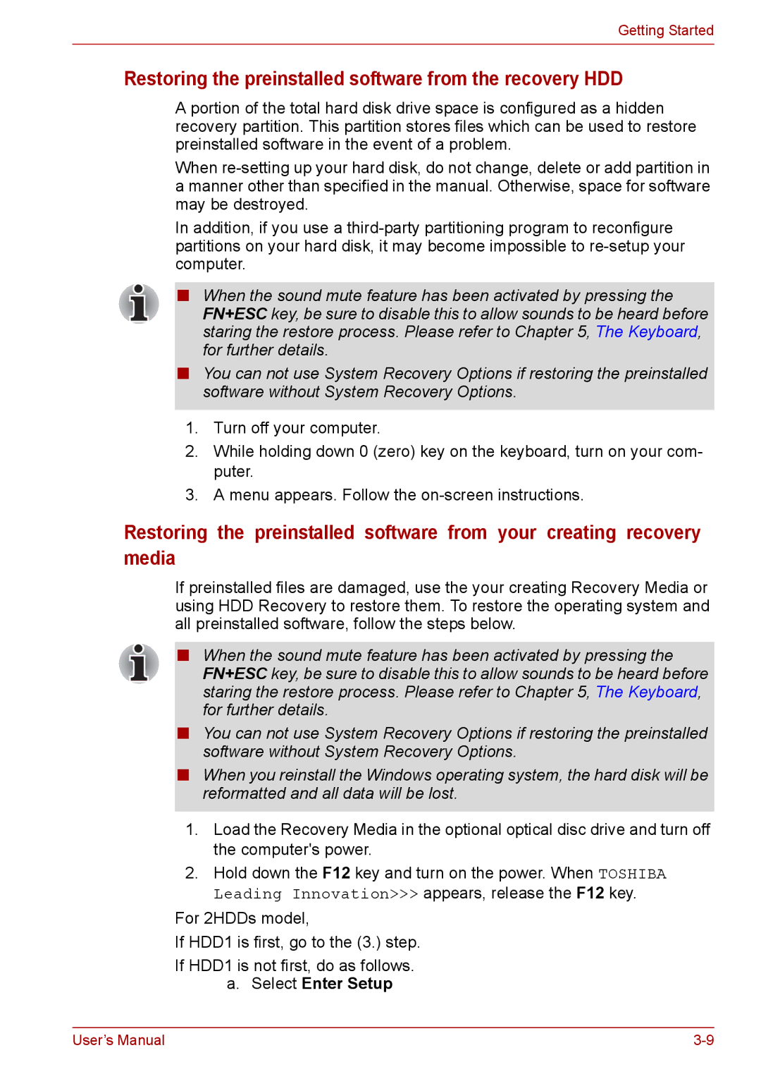 Toshiba PRO A300D user manual Restoring the preinstalled software from the recovery HDD, Select Enter Setup 