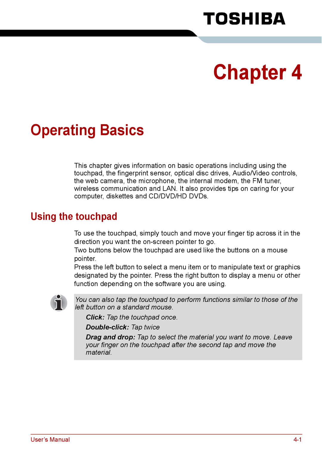 Toshiba PRO A300D user manual Operating Basics, Using the touchpad 