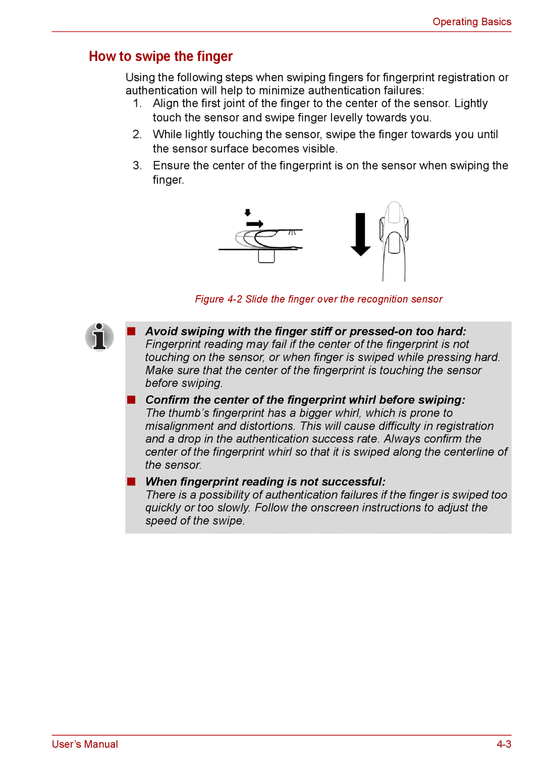 Toshiba PRO A300D user manual How to swipe the finger, Slide the finger over the recognition sensor 