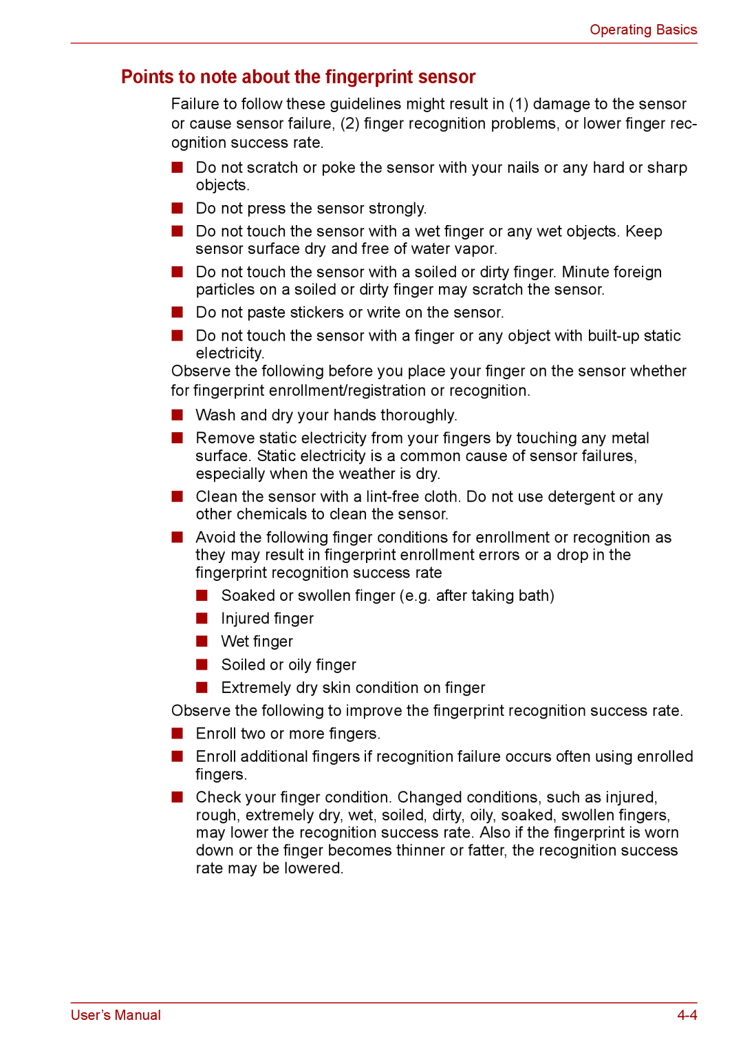 Toshiba PRO A300D user manual Points to note about the fingerprint sensor 